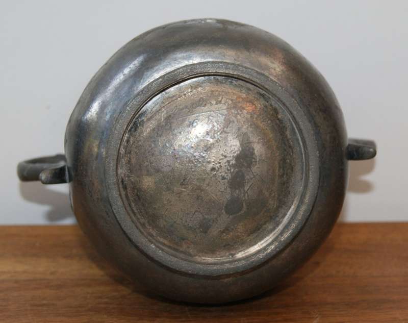 Antique Engraved Pewter Double Handled Sugar Bowl