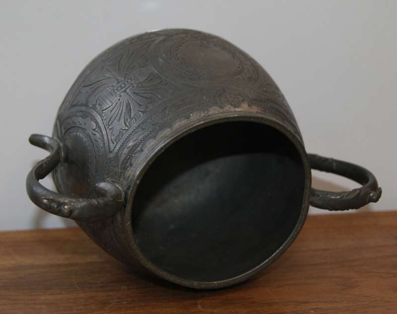 Antique Engraved Pewter Double Handled Sugar Bowl