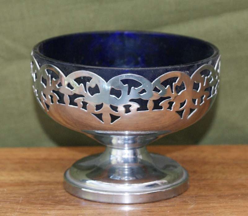 Pierced Silver Plate Blue Glass Bon Bon Dish
