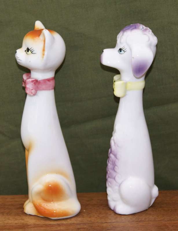 Pair of Mid Century Ceramic Dog and Cat Salt and Pepper