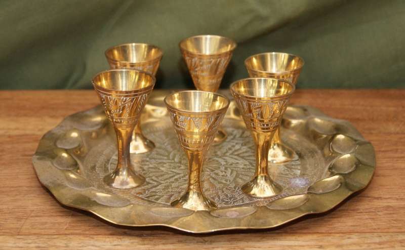 Set of 6 Hand Etched Brass Liqueur Cups on Tray