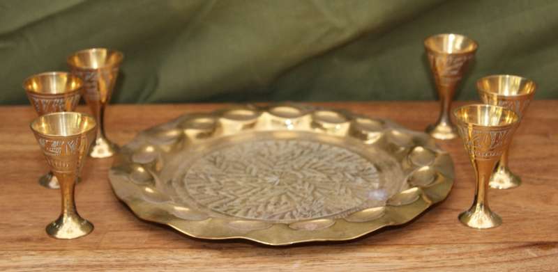 Set of 6 Hand Etched Brass Liqueur Cups on Tray