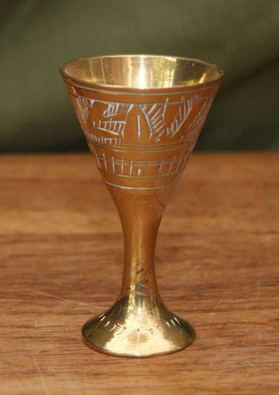 Set of 6 Hand Etched Brass Liqueur Cups on Tray