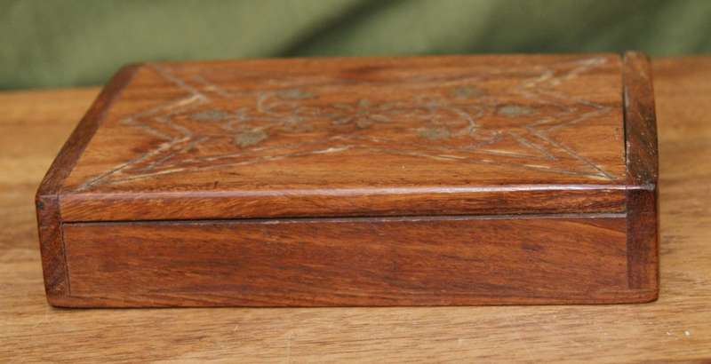 Antique Wooden Lidded Box with Brass Inlay