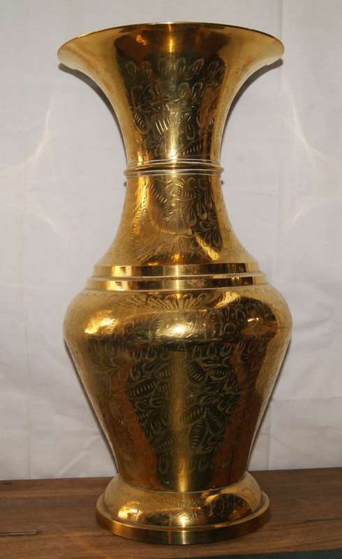 Large Vintage Hand Etched Brass Vase - Heavy