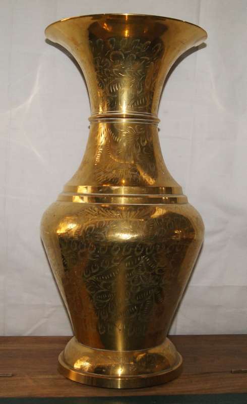 Large Vintage Hand Etched Brass Vase - Heavy