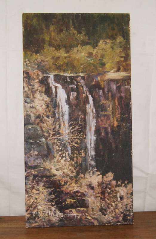 P. Nicholson Painting of Waterfall with Trees
