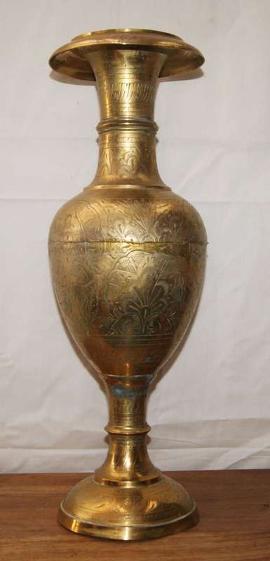 Large Brass Hand Etched Vase (Repaired)