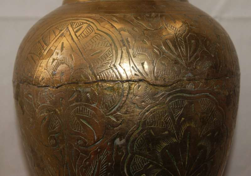 Large Brass Hand Etched Vase (Repaired)