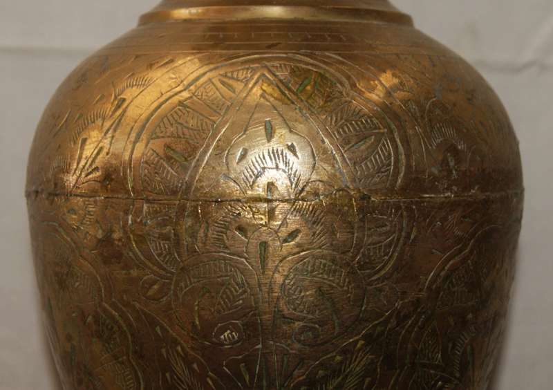 Large Brass Hand Etched Vase (Repaired)