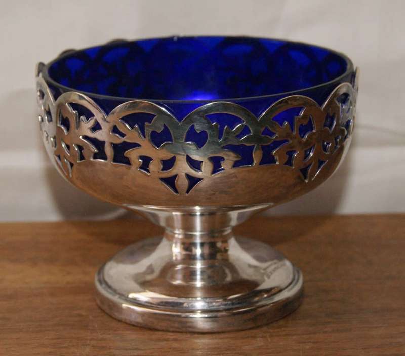 Vintage Manco Plate Pierced Sugar Bowl with Original Blue Glass Insert