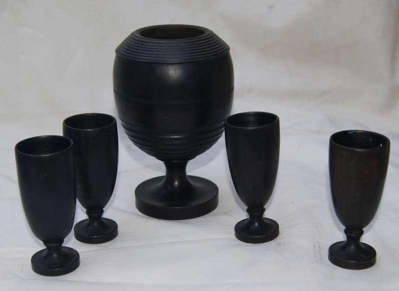 5 Piece Ebony Hand Made Vase with 4 Cups (2 Cups Cracked)