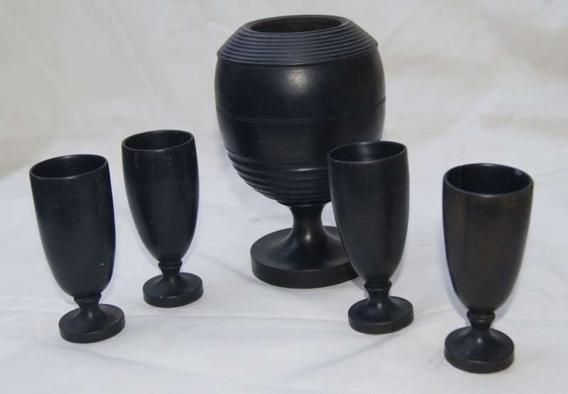 5 Piece Ebony Hand Made Vase with 4 Cups (2 Cups Cracked)