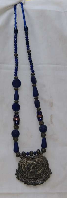 Blue Glass and White Metal Necklace