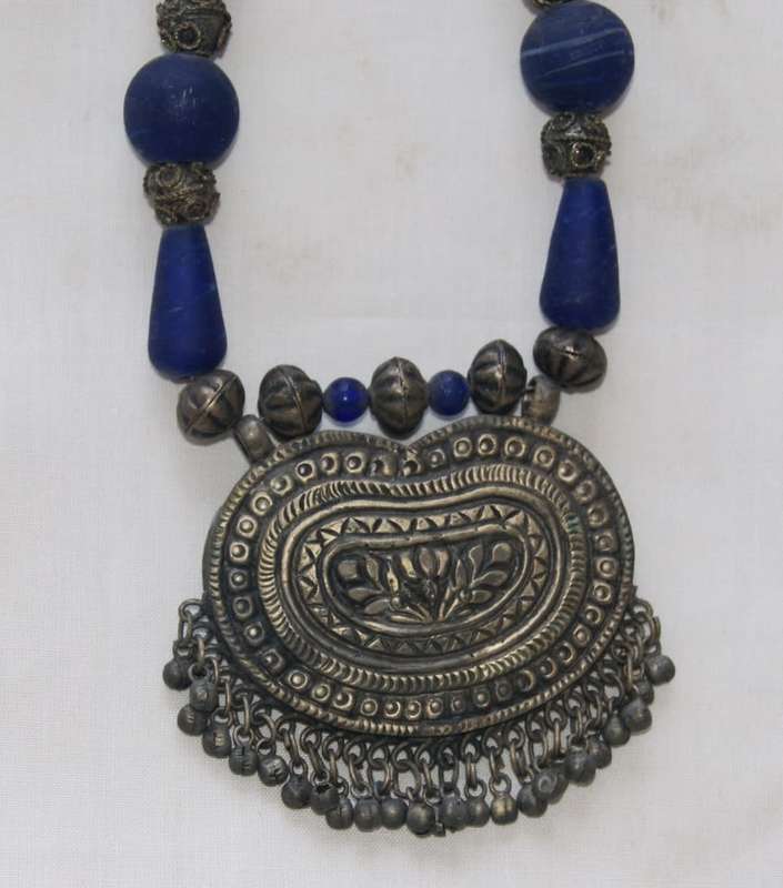 Blue Glass and White Metal Necklace