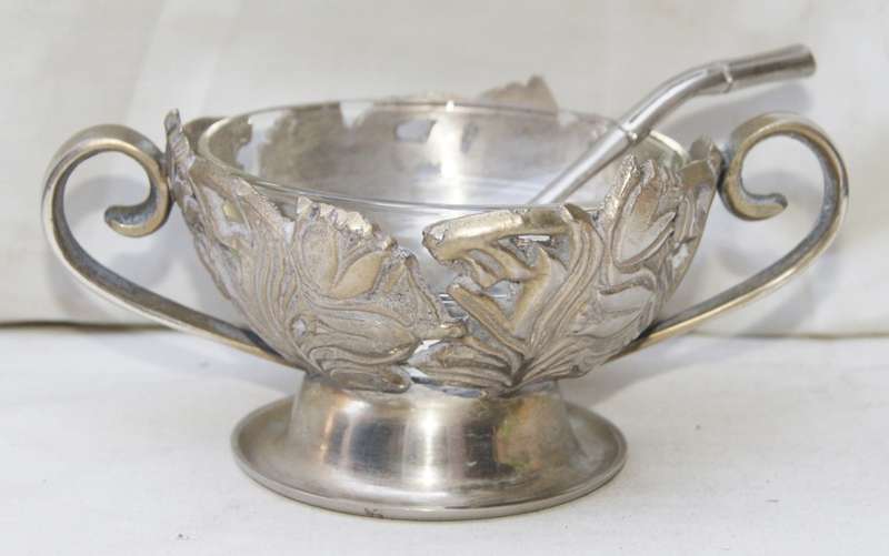 White Metal Sugar Bowl with Glass Insert and Plated Sugar Spoon