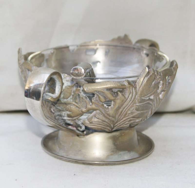 White Metal Sugar Bowl with Glass Insert and Plated Sugar Spoon