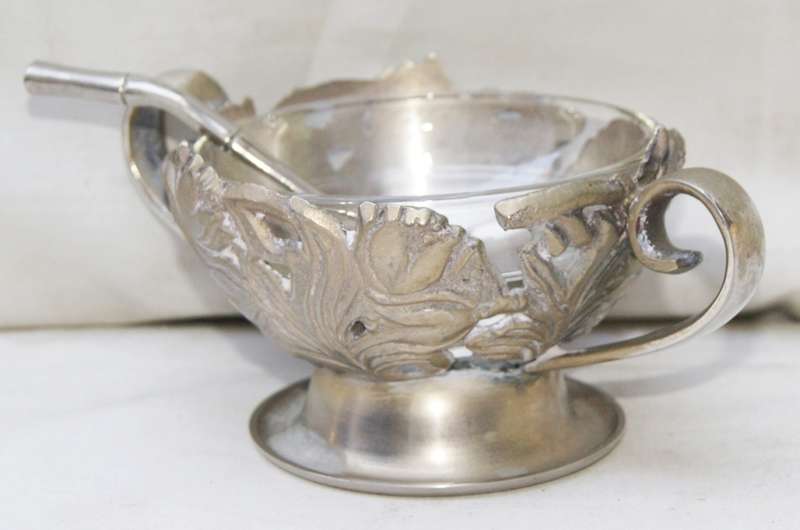 White Metal Sugar Bowl with Glass Insert and Plated Sugar Spoon