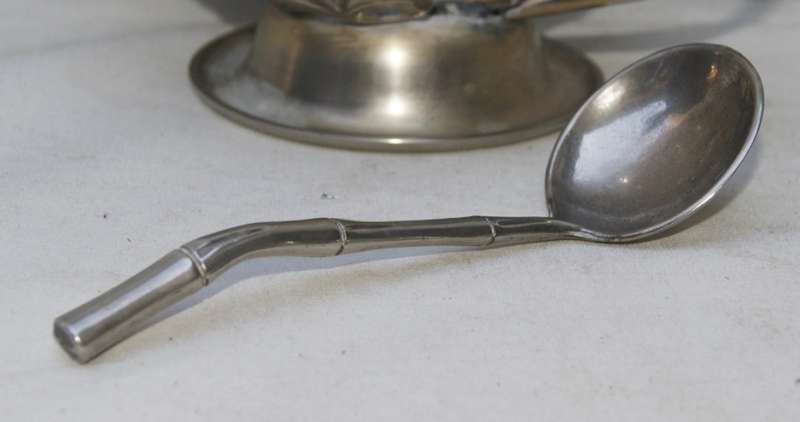 White Metal Sugar Bowl with Glass Insert and Plated Sugar Spoon