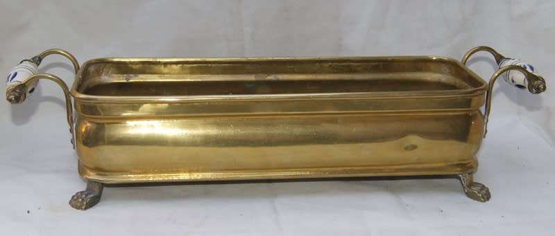 Vintage Rectangular Brass Footed Dish with Delft Style Handles