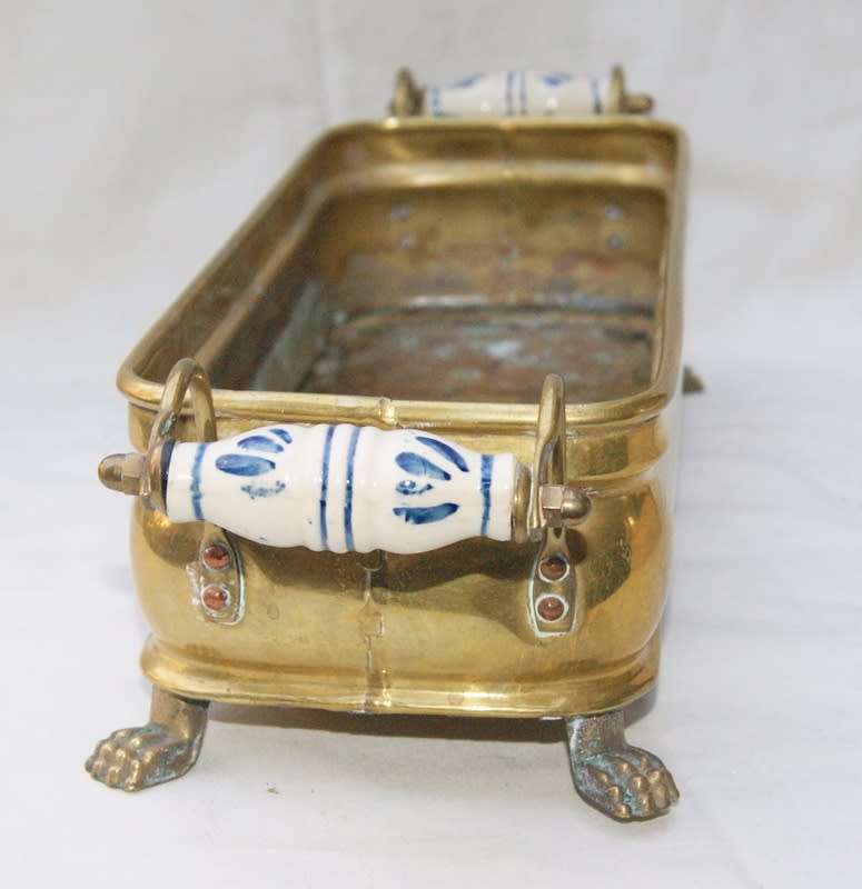 Vintage Rectangular Brass Footed Dish with Delft Style Handles