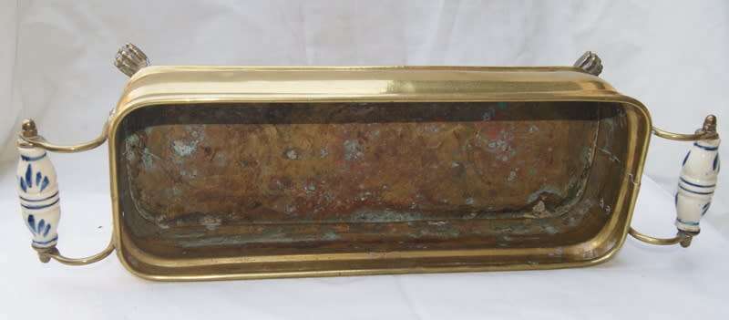 Vintage Rectangular Brass Footed Dish with Delft Style Handles