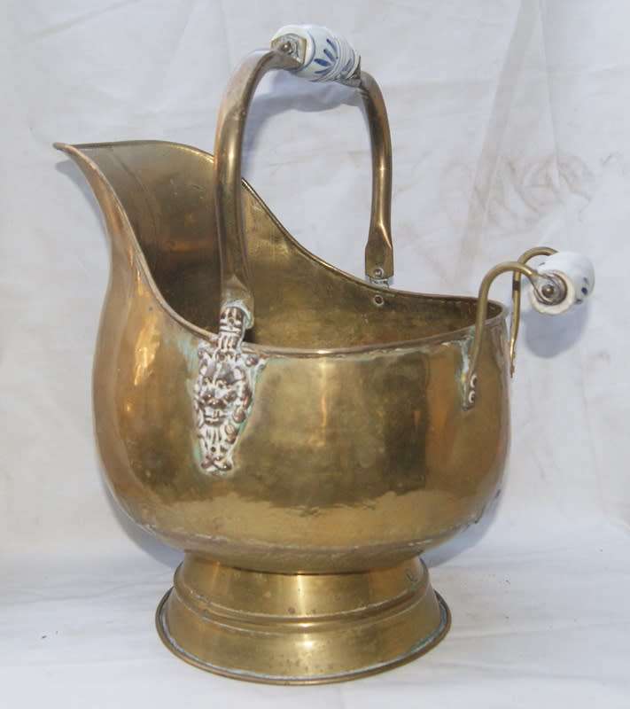 Vintage Brass Coal Skuttle with Delft Style Handles