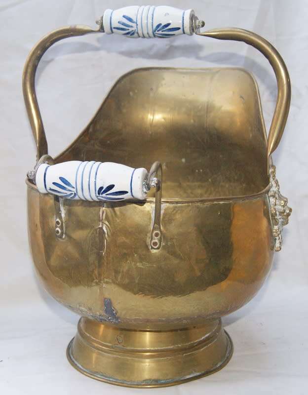 Vintage Brass Coal Skuttle with Delft Style Handles