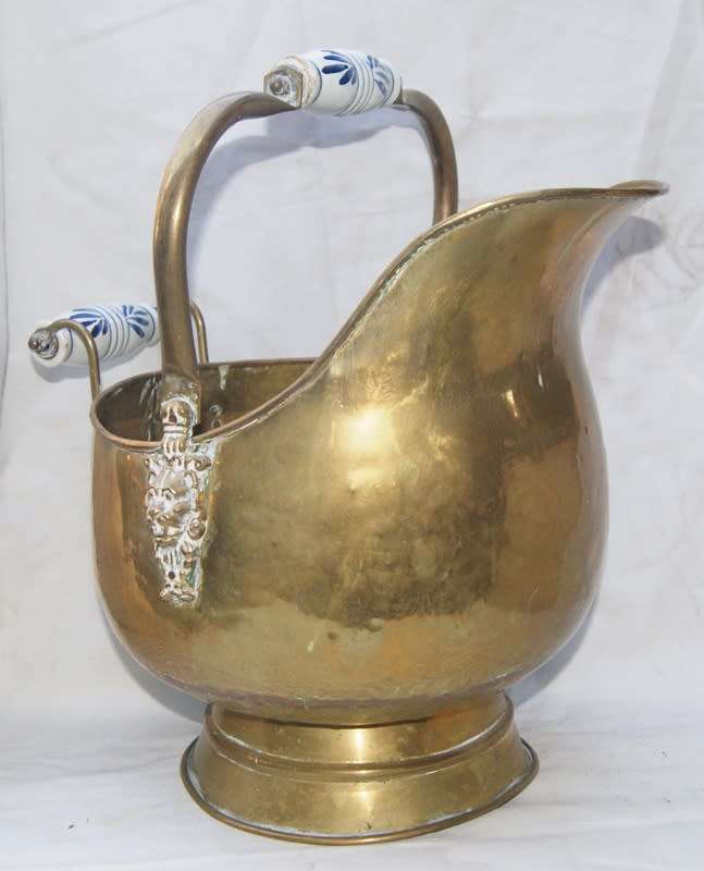 Vintage Brass Coal Skuttle with Delft Style Handles