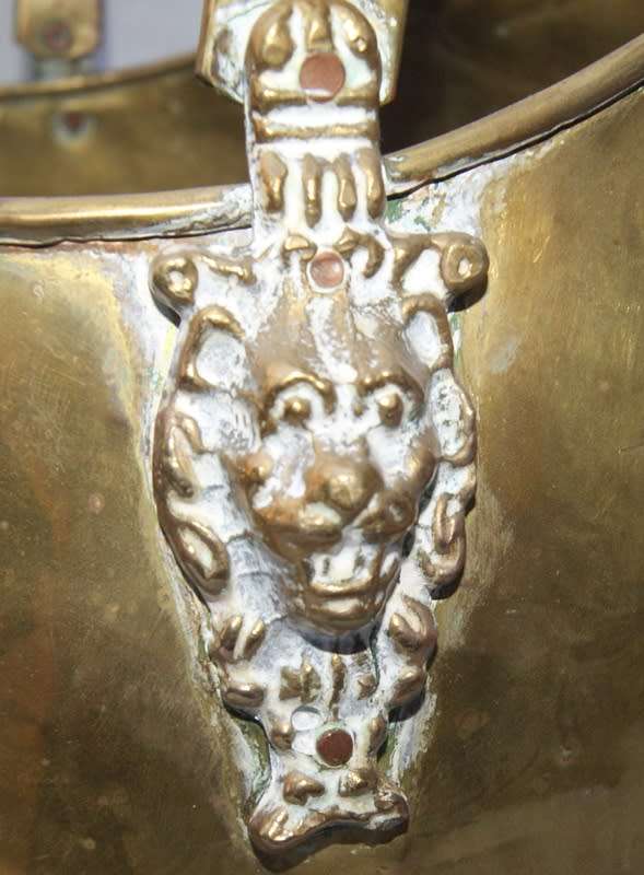 Vintage Brass Coal Skuttle with Delft Style Handles