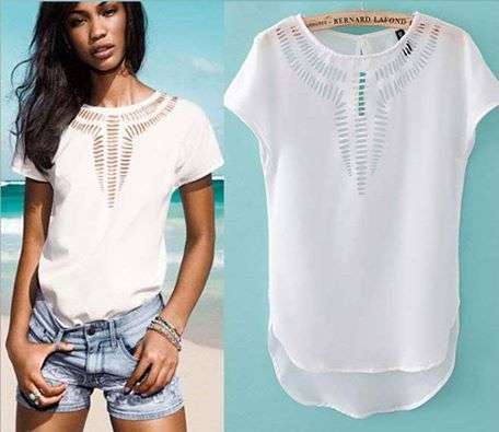 European style Carved hollow chiffon Summer T-shirt - Small / White