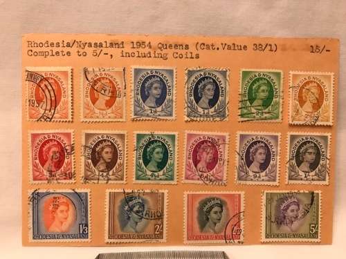 Rodesia/Nysasaland 1954 Queens (Cat. Value 38/1) Complete to 5/-, Including coils