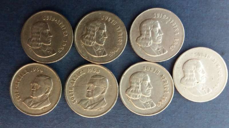 South Africa 5 cents Afrikaans 1965, 1967 & 1968, English 1965, 1967, 1968 & 1969 * 7 x coins*