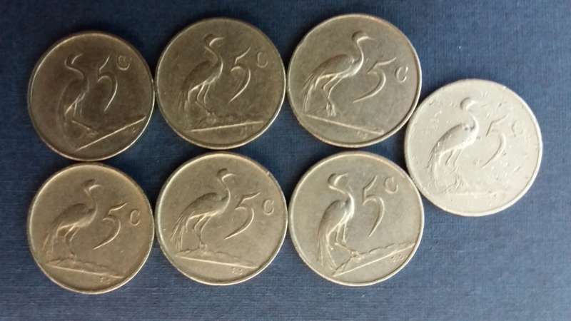 South Africa 5 cents Afrikaans 1965, 1967 & 1968, English 1965, 1967, 1968 & 1969 * 7 x coins*
