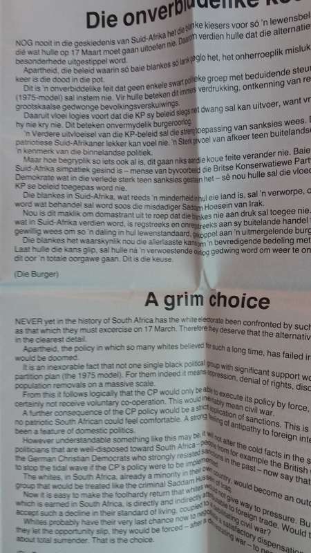 National Party-De Klerk 17 March 1992 Referendum Campaign Pamphlet with newspaper cutting on results