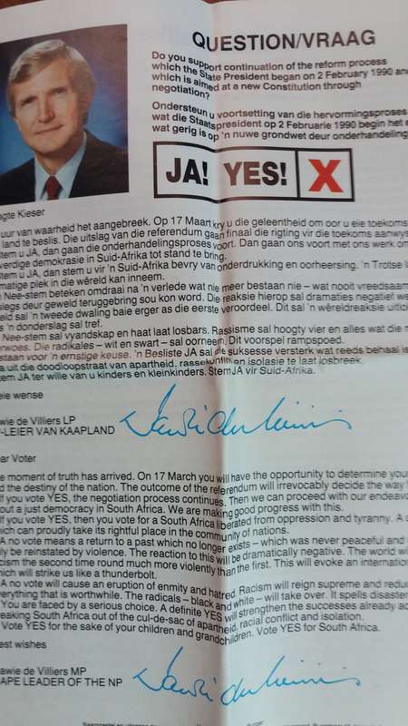 National Party-De Klerk 17 March 1992 Referendum Campaign Pamphlet with newspaper cutting on results