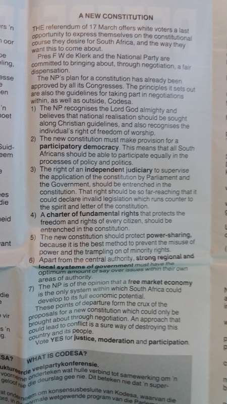 National Party-De Klerk 17 March 1992 Referendum Campaign Pamphlet with newspaper cutting on results