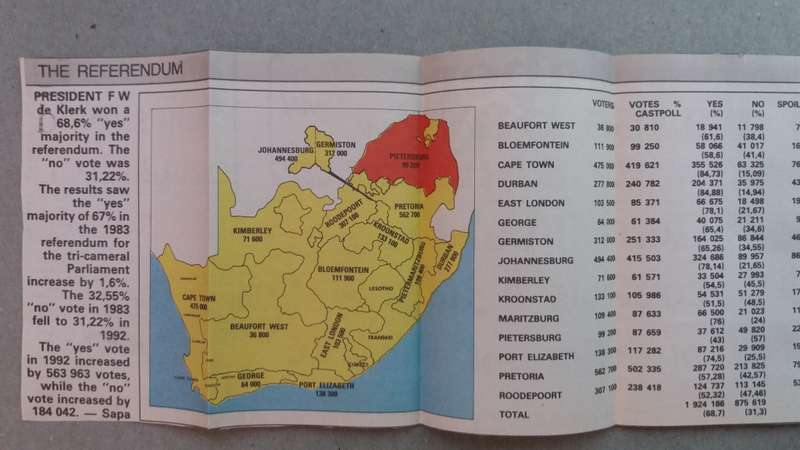 National Party-De Klerk 17 March 1992 Referendum Campaign Pamphlet with newspaper cutting on results