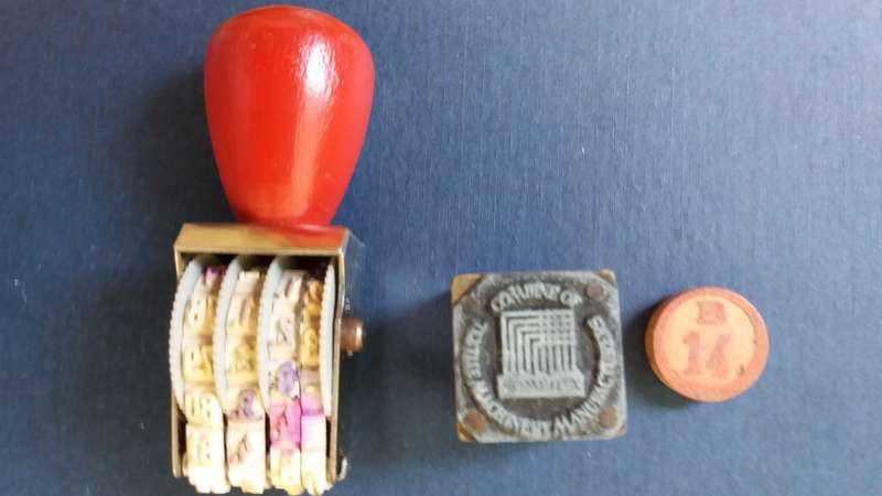 Vintage office Trodat date stamp set for 1972 to 1983 and 2 x wooden stamps