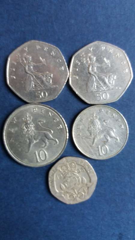 United Kingdom 1997 & 2002 50 pence, 1996 20 pence  & 1969 & 2007 10 pence *5 x coins*
