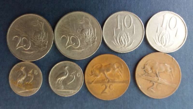 South Africa 1965 coin set includes 20c, 10c, 5c & 2c & includes  E & A * All circulated coins X 8*