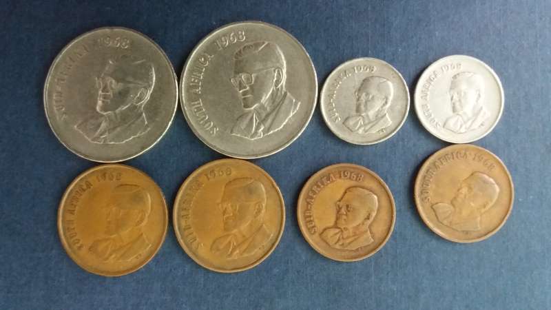 South Africa 1968 coin set includes 50c,5c, 2c & 1c & includes E & A * CR Swart circulated X8 coins*