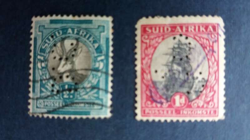 Union of South Africa 1/2 d Springbok & 1 d Dromedaries Ship Revenue Perfins Stamps