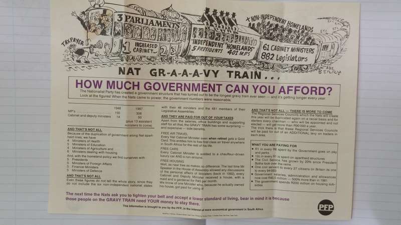 PFP Election Pamphlet  6 May 1987 Criticising NP - The Gravy Train