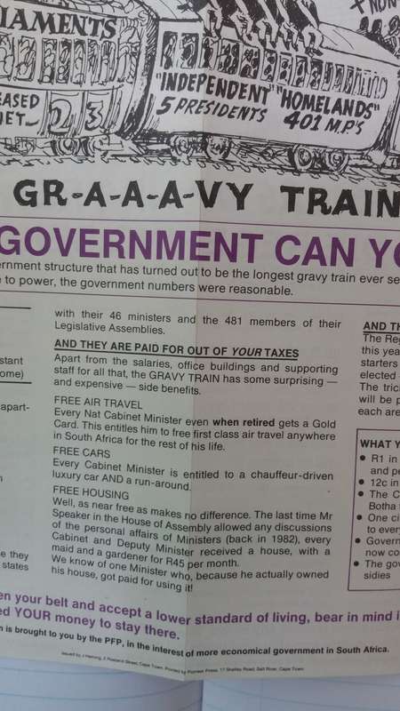 PFP Election Pamphlet  6 May 1987 Criticising NP - The Gravy Train