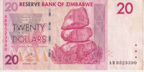 ZIMBABWE 20 DOLLAR 2007 P68 VF