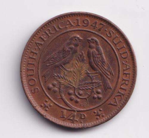 UNION OF SOUTH AFRICA 1/4d QUARTER PENNY 1947
