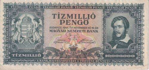 HYPER INFLATION - POST WW2  HUNGARY 10 MILLION PENGO 1946 P123  VF