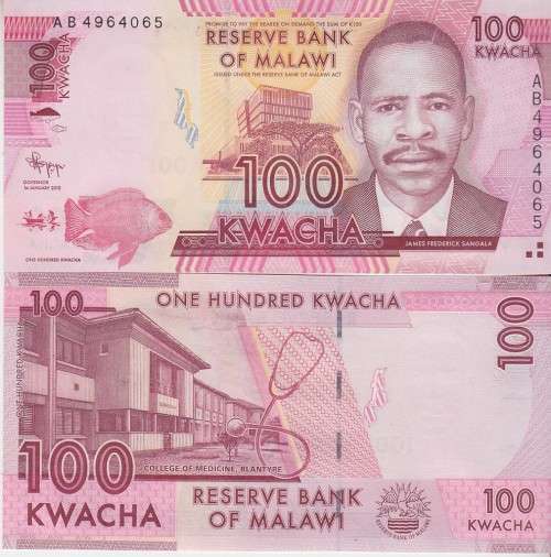 MALAWI 100 KWACHA 2012 P65 SERIAL PREFIX AA UNC