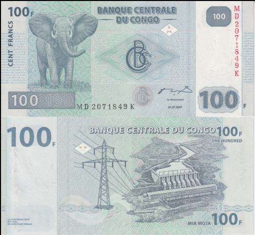 CONGO D.R. 100 FRANCS 2007 P98 UNC